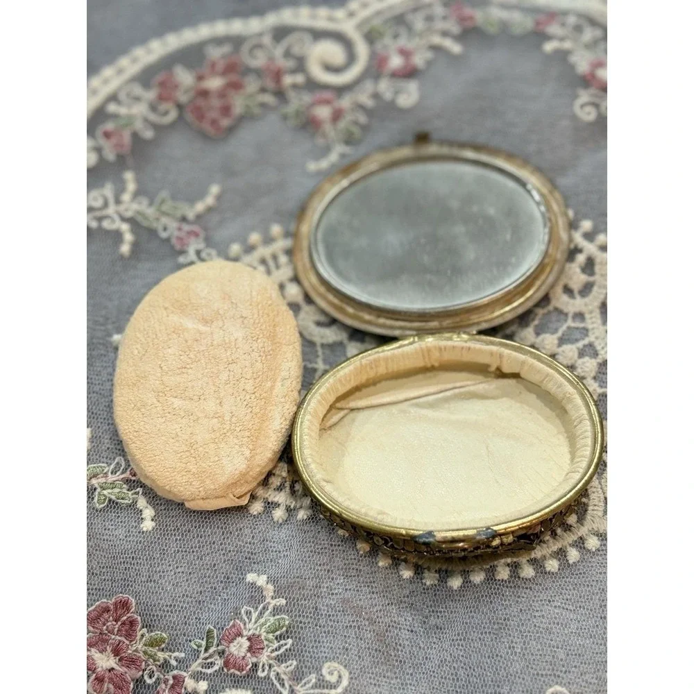 Vintage Guilloche Enamel Powder Compact Blue Pink Rose Gold Tone Vanity Mirror